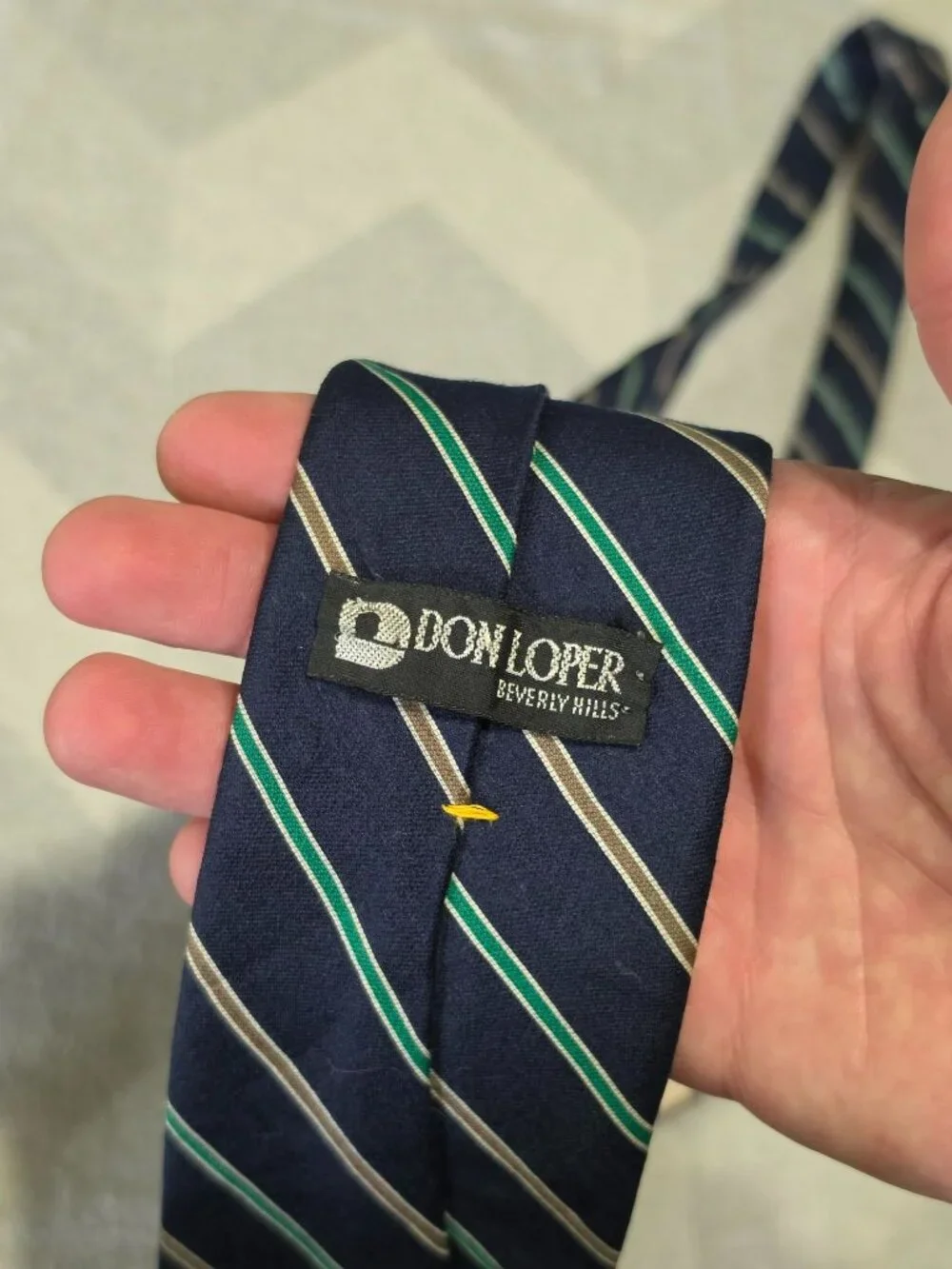 Don Loper Beverly Hills Navy Blue Striped Tie 60% Wool 40% Silk Green & Gold Acc